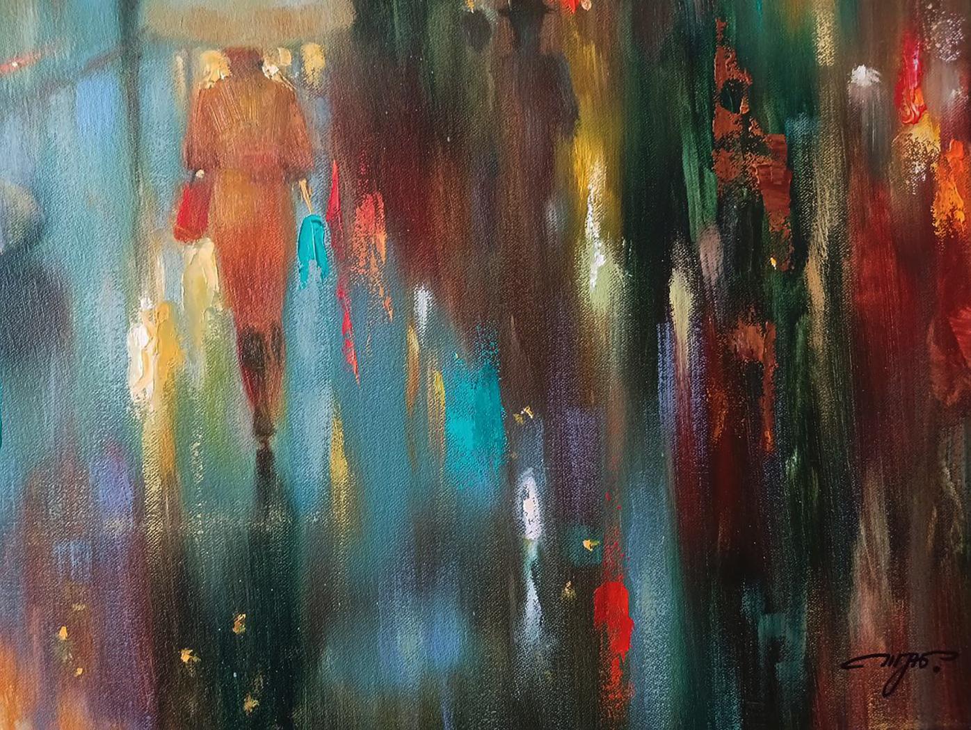 Abstract oil painting Rainy evening by Anatoly Tarabanov: woman in coat in vibrant cityscape