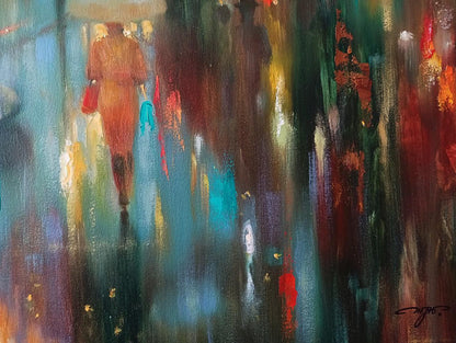 Abstract oil painting Rainy evening by Anatoly Tarabanov: woman in coat in vibrant cityscape