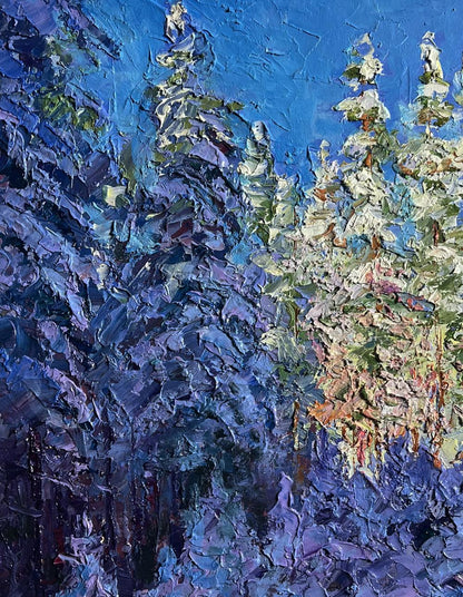 Vibrant impressionist oil painting Winter in the forest by Boris Serdyuk