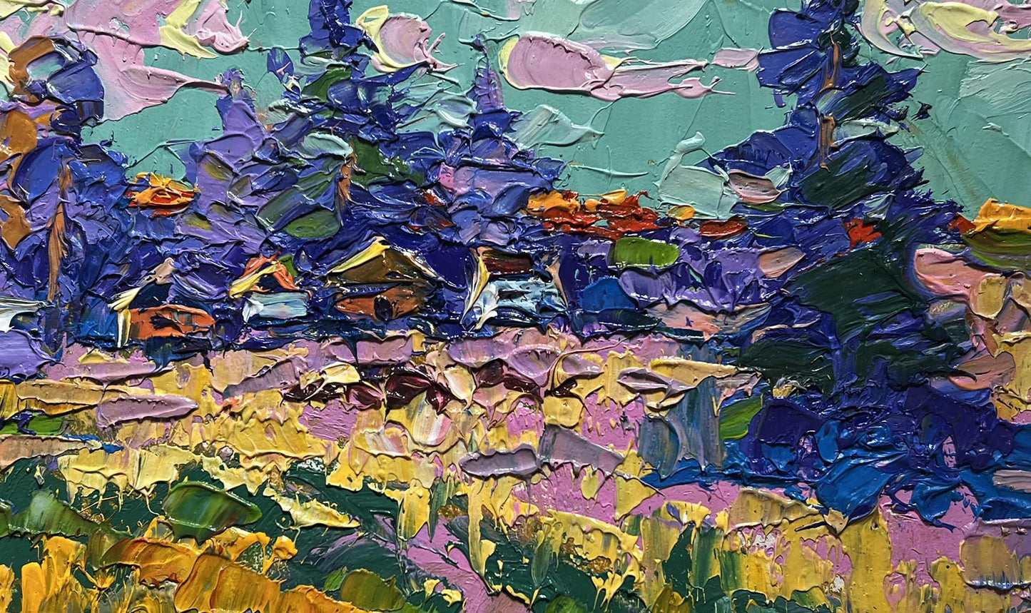 Vibrant impressionist oil painting of village in shade of trees by Oleksiy Ivanyuk