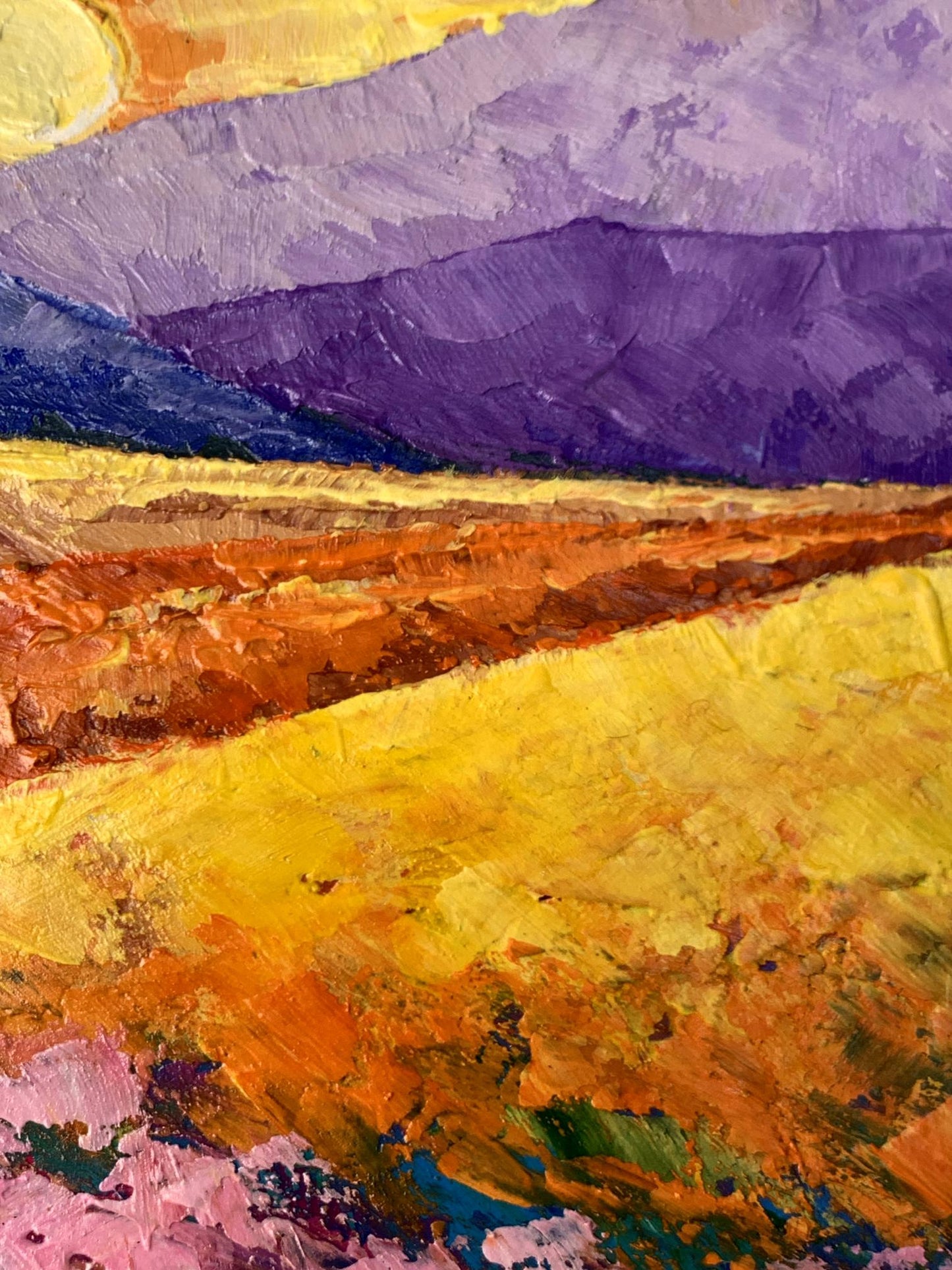 Vibrant impressionist oil painting Sun over the mountains by V. Zadorozhnya