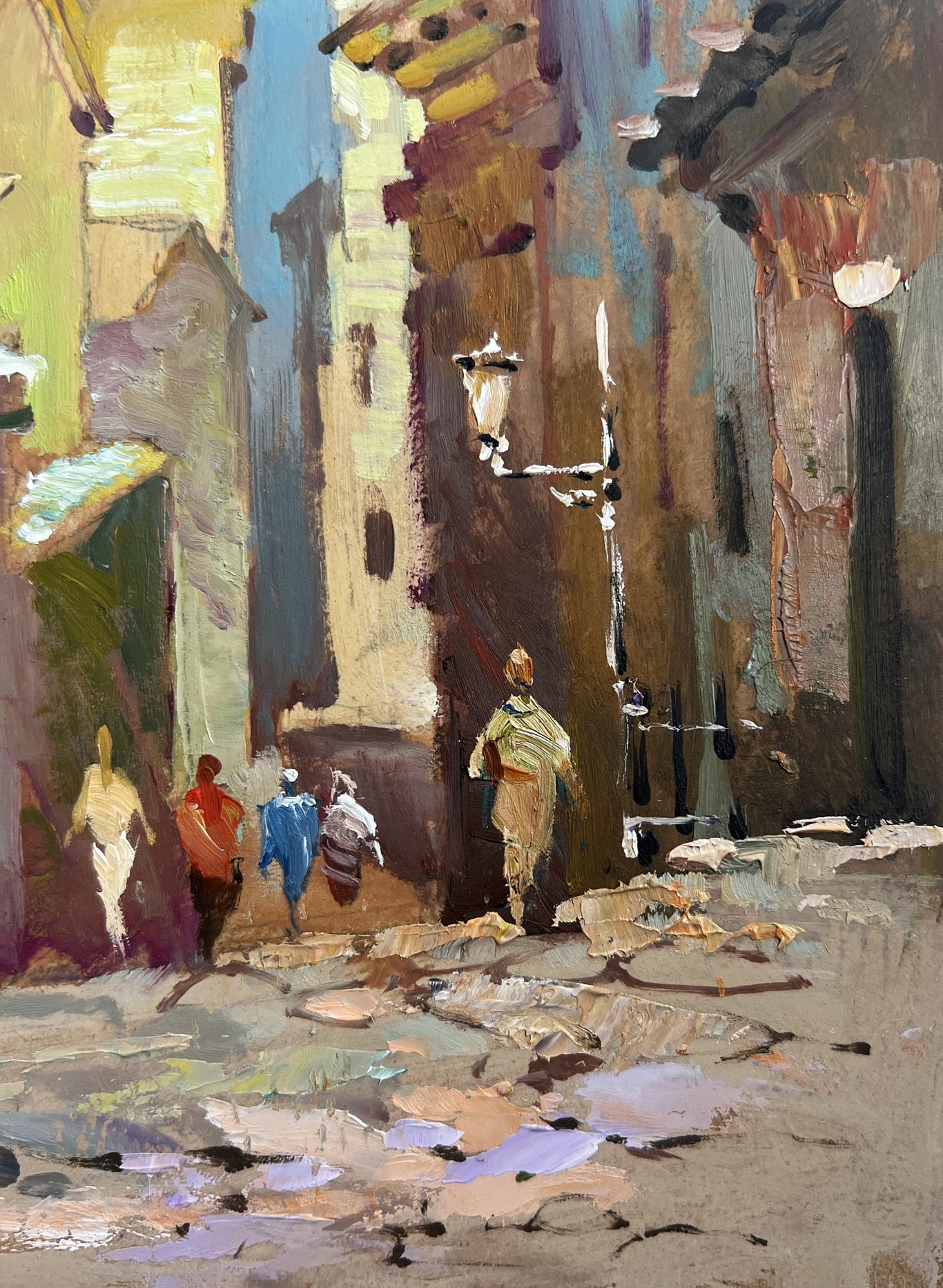 Vibrant impressionist oil painting of sunlit Yuriy Suprunchuk old city street