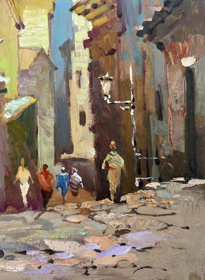 Vibrant impressionist oil painting of sunlit Yuriy Suprunchuk old city street