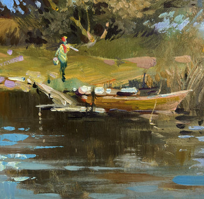 Oil painting of wooden rowboat on calm river by Yuriy Suprunchuk
