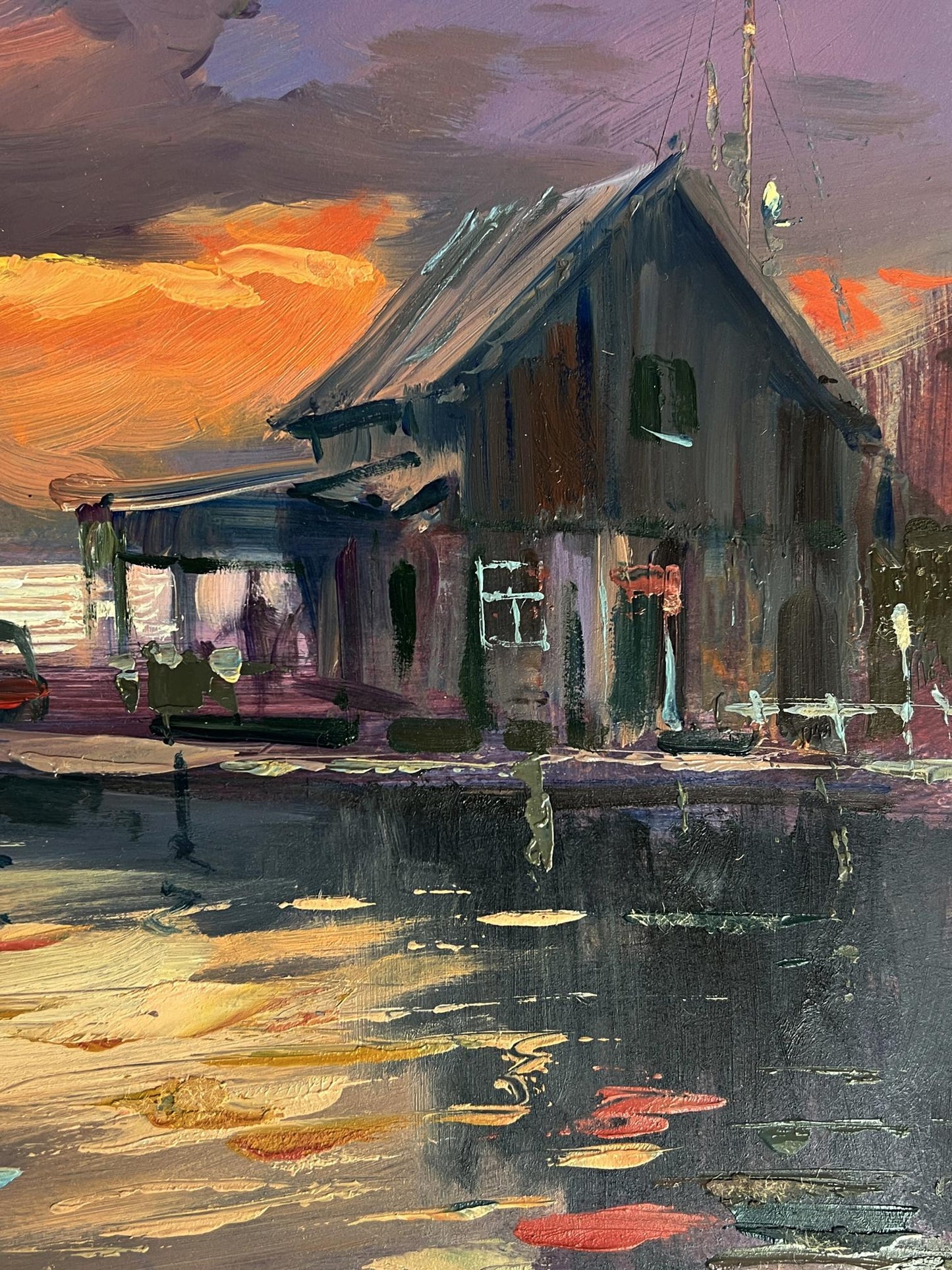 Oil painting of rustic wooden house at evening boat dock by Yuriy Suprunchuk