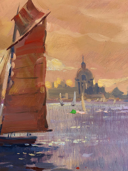 Oil painting of vibrant red sailboat evening sailing at sea by Yuriy Suprunchuk