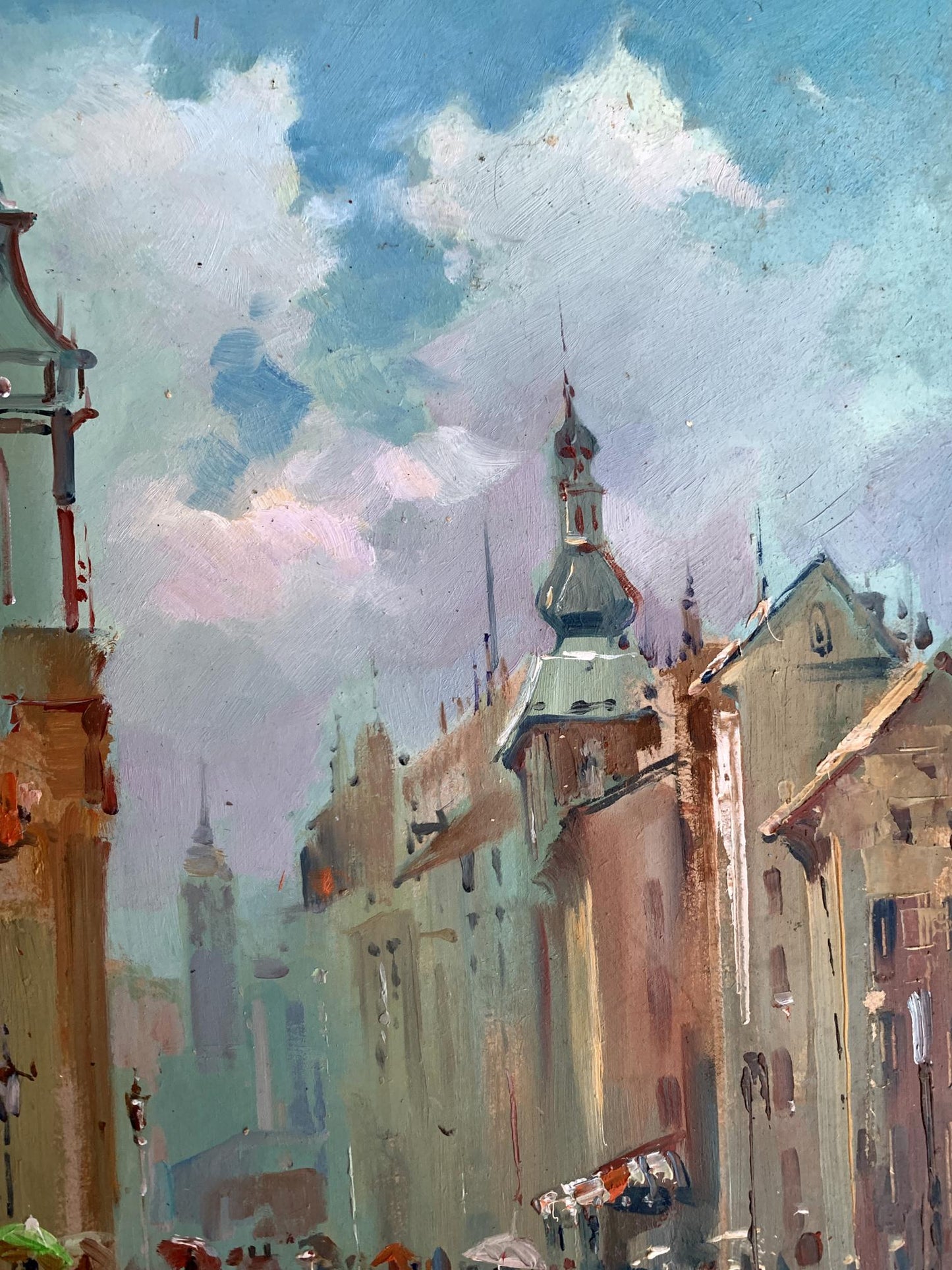 Oil painting of Dynamics of urban life by Yuriy Suprunchuk: pastel European cityscape with blue-domed tower