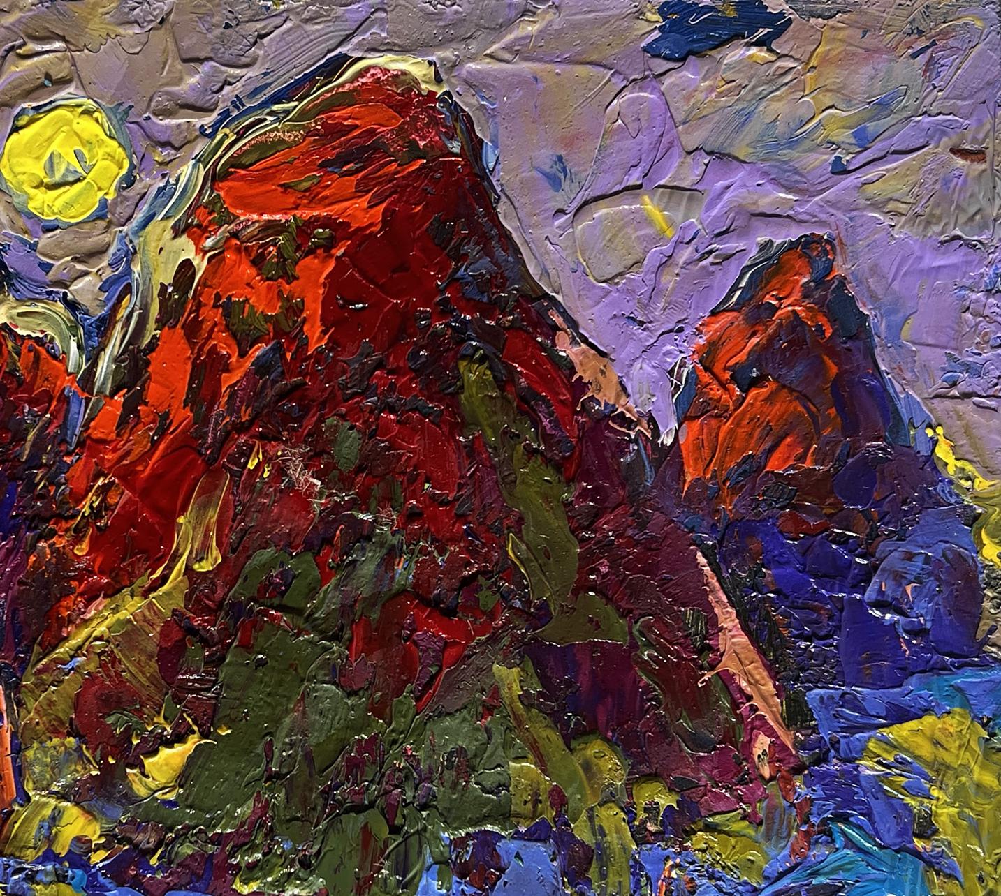 Vibrant abstract mountain oil painting by Oleksiy Ivanyuk with moonlit field