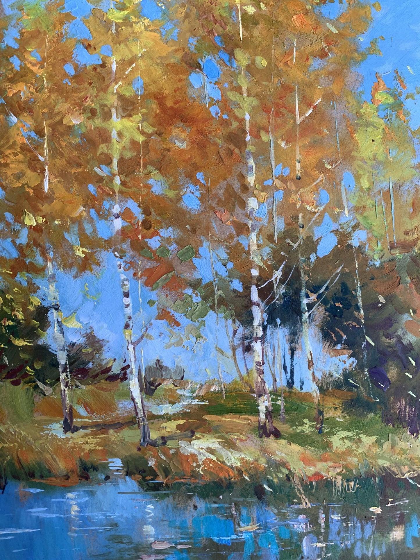 Vibrant oil painting of orange birch forest by Yuriy Suprunchuk