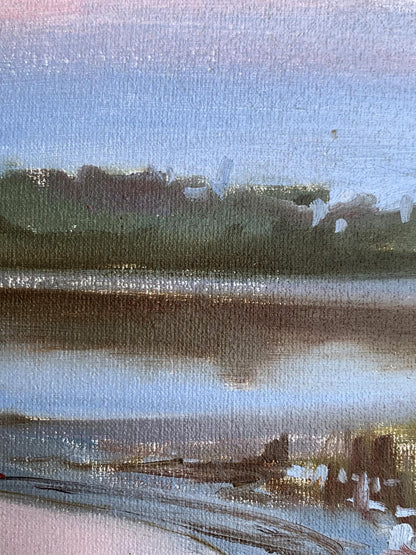 Oil painting Flooded river bank by Tatyana Derdey, tranquil lakeside scene