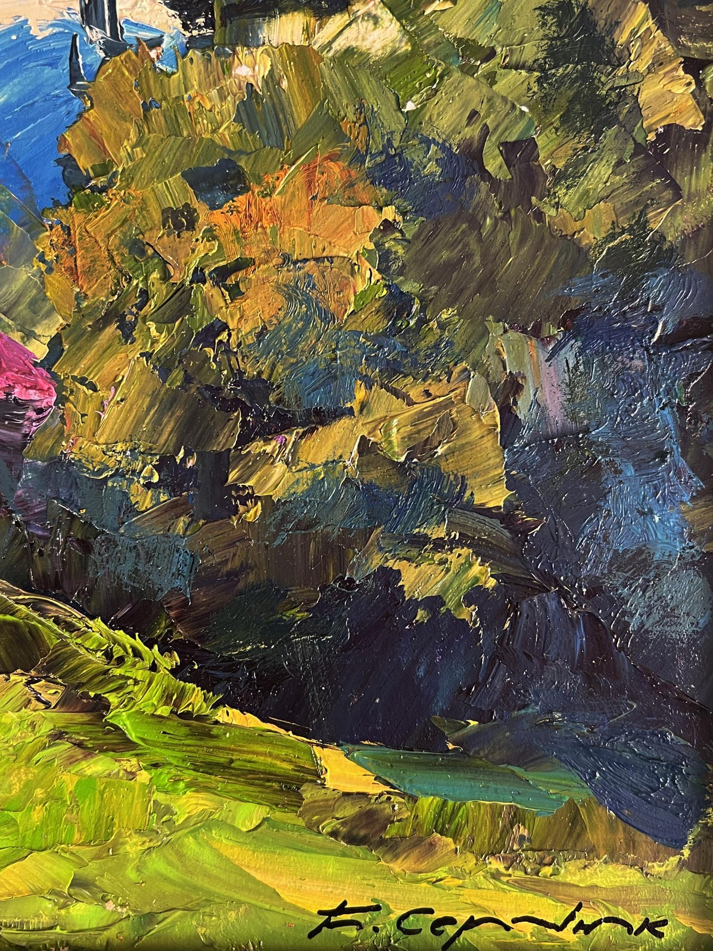 Impasto oil painting The House with the Pink Roof by Boris Serdyuk in greens, yellows, blues