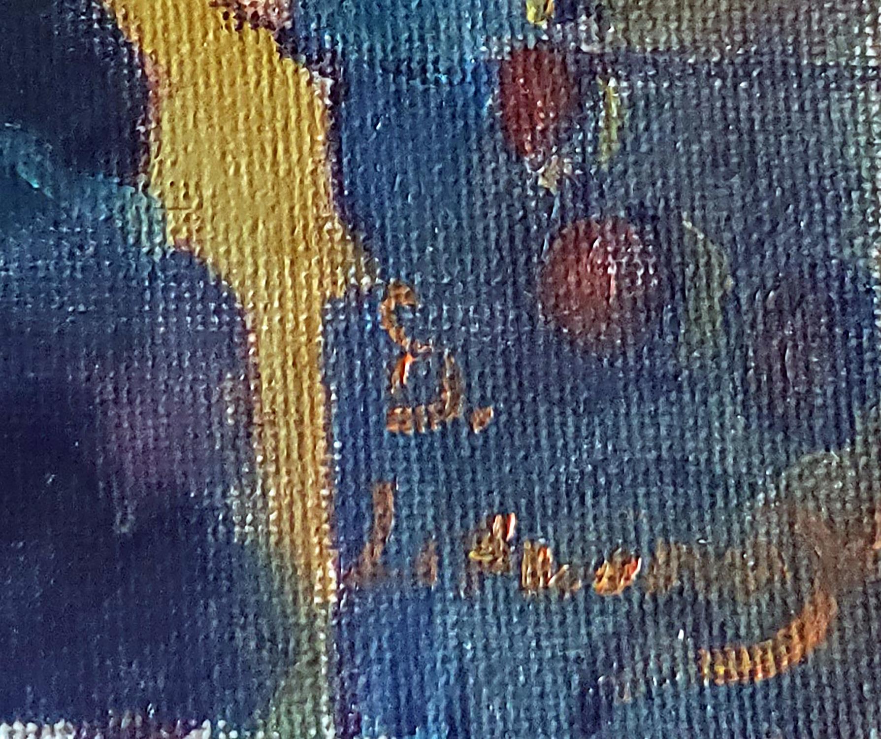 Oil painting Florence by Daniil Litvinov with orange signature on blue yellow textured canvas