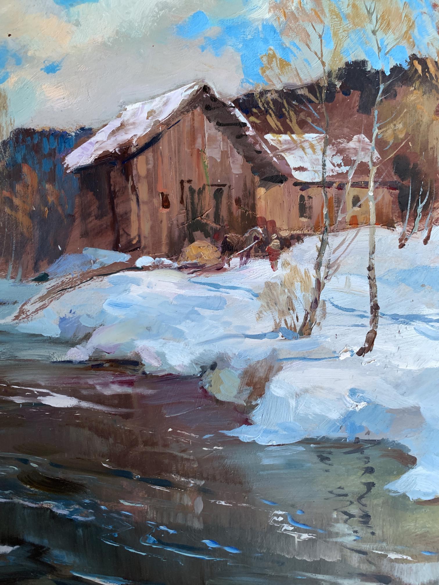 Oil painting by Yuriy Suprunchuk: rustic barn by frozen river after snowstorm