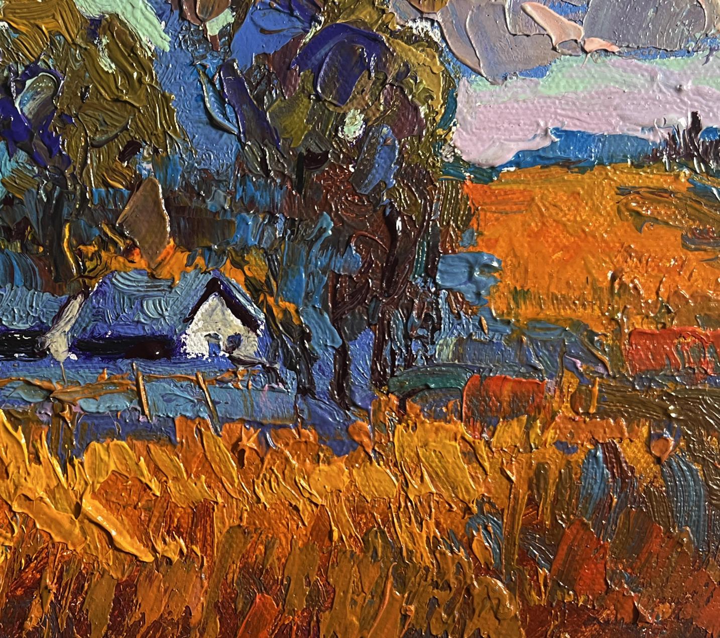 Oil painting Autumn village evening by Oksana Ivanyuk, vibrant impasto landscape