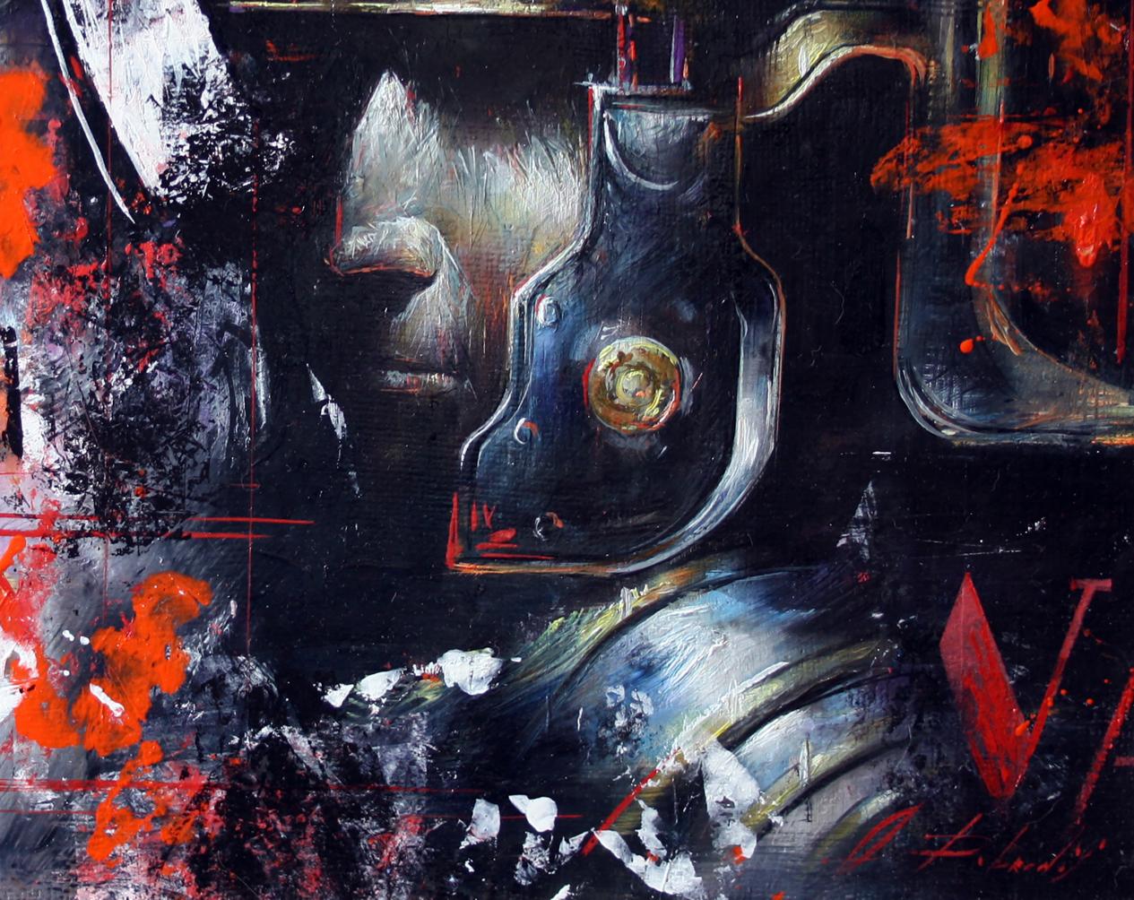 Oil painting Warrior by Alexander Dobrodiy dark armored face