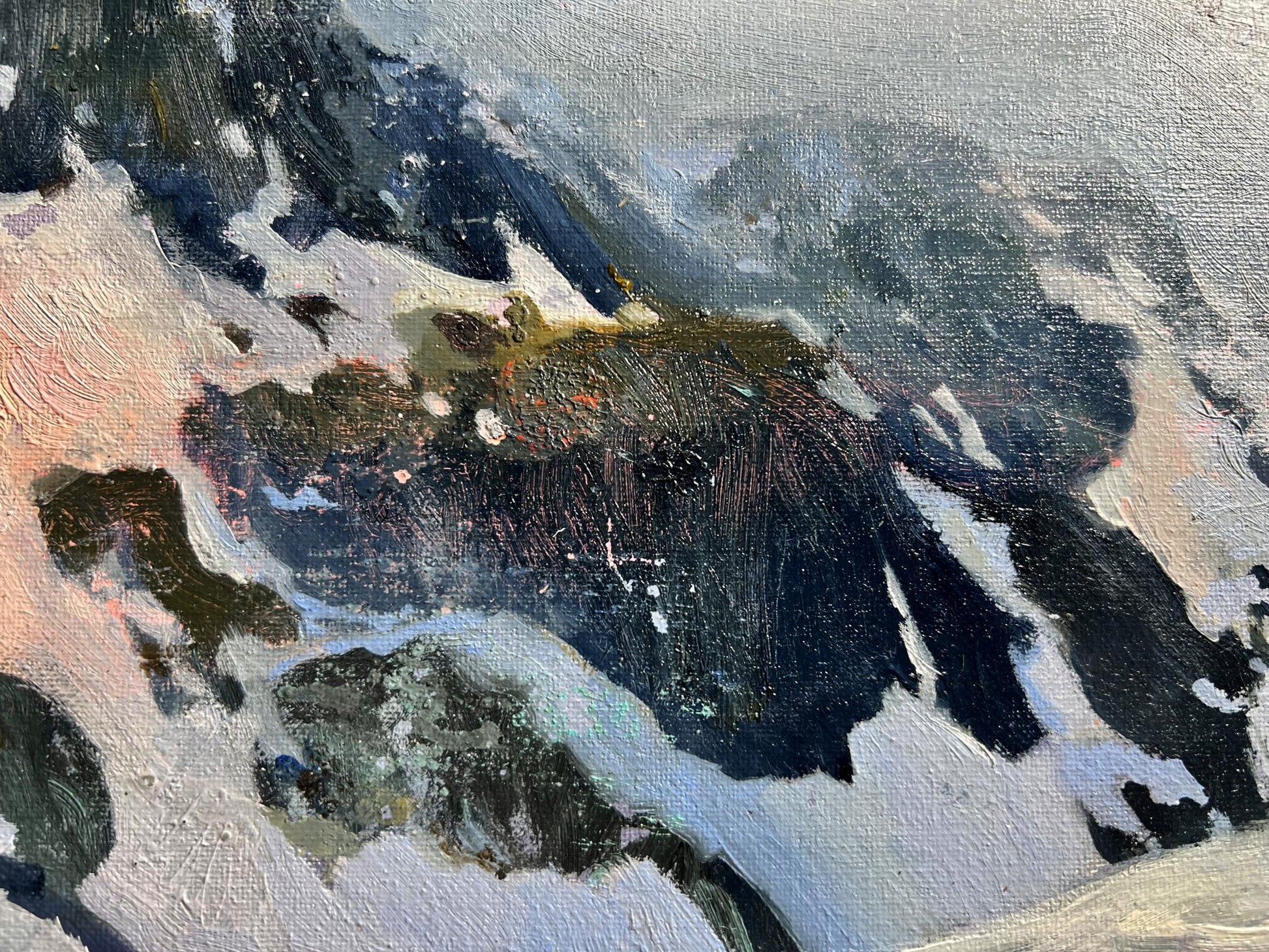 Oil painting of snowy mountain top by Tatyana Derdey, textured canvas landscape