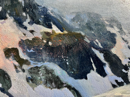 Oil painting of snowy mountain top by Tatyana Derdey, textured canvas landscape