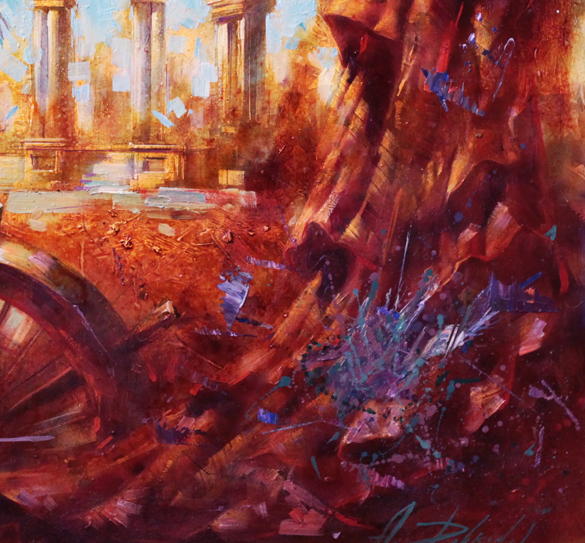 Oil painting Red morning by Alexander Dobrodiy, vibrant sunlit ruins