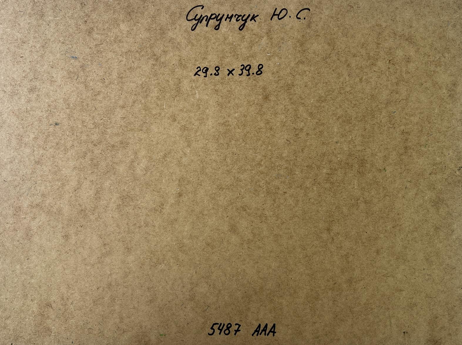Back of Yuriy Suprunchuk oil painting Joyful walks through the field with brown cardboard handwritten Cyrillic text and measurements