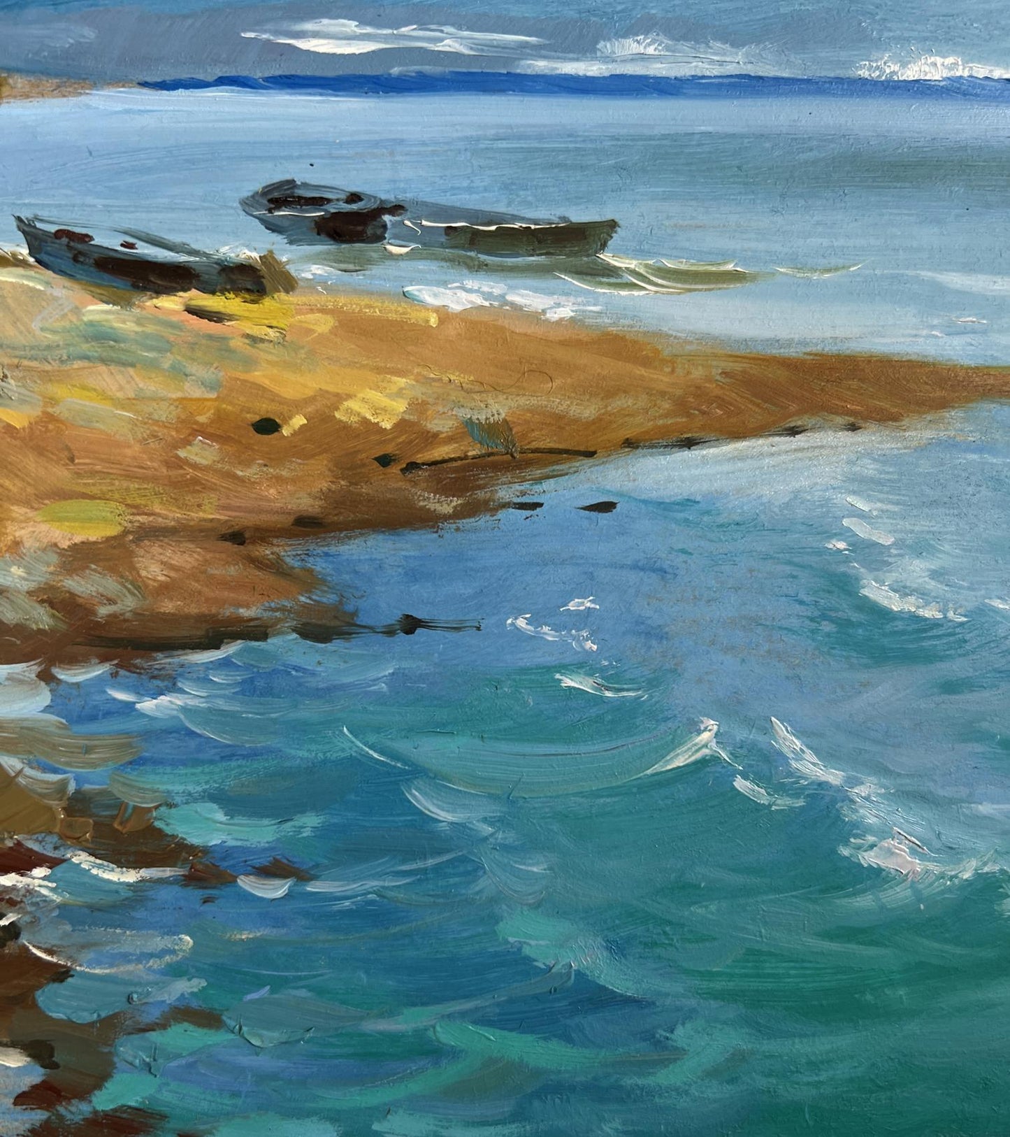 Oil painting The call of distant waves by Yuriy Suprunchuk: three boats on golden shore
