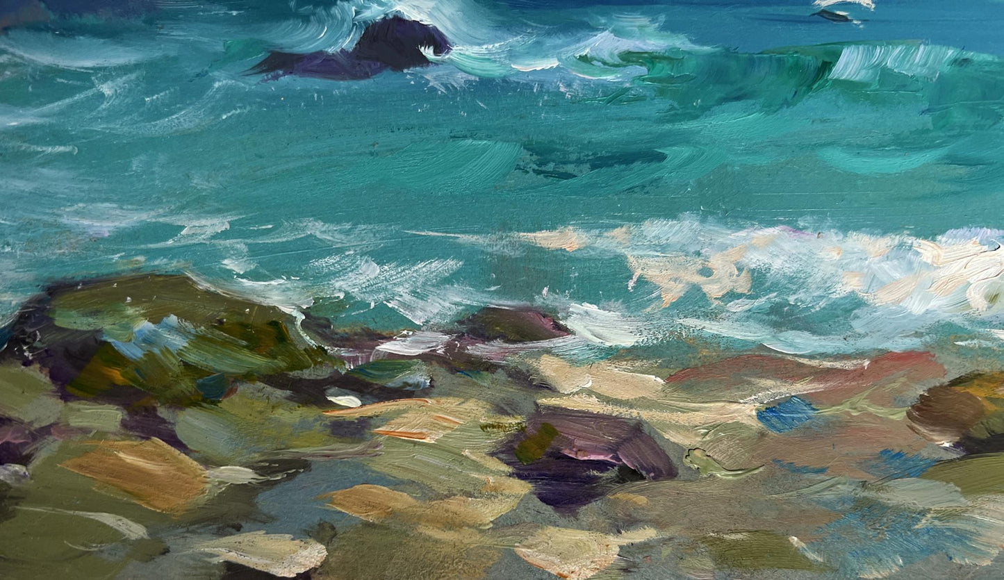 Impressionistic oil painting of seagulls over turquoise waves by Yuriy Suprunchuk