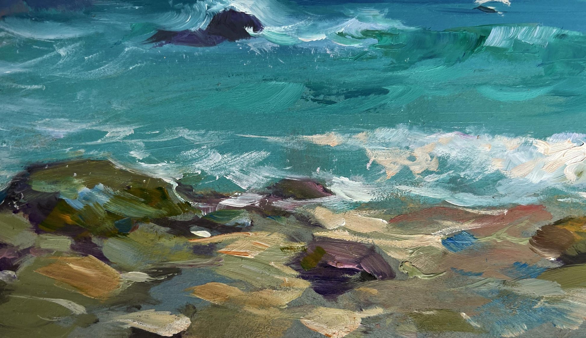 Impressionistic oil painting of seagulls over turquoise waves by Yuriy Suprunchuk