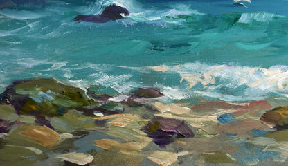 Impressionistic oil painting of seagulls over turquoise waves by Yuriy Suprunchuk