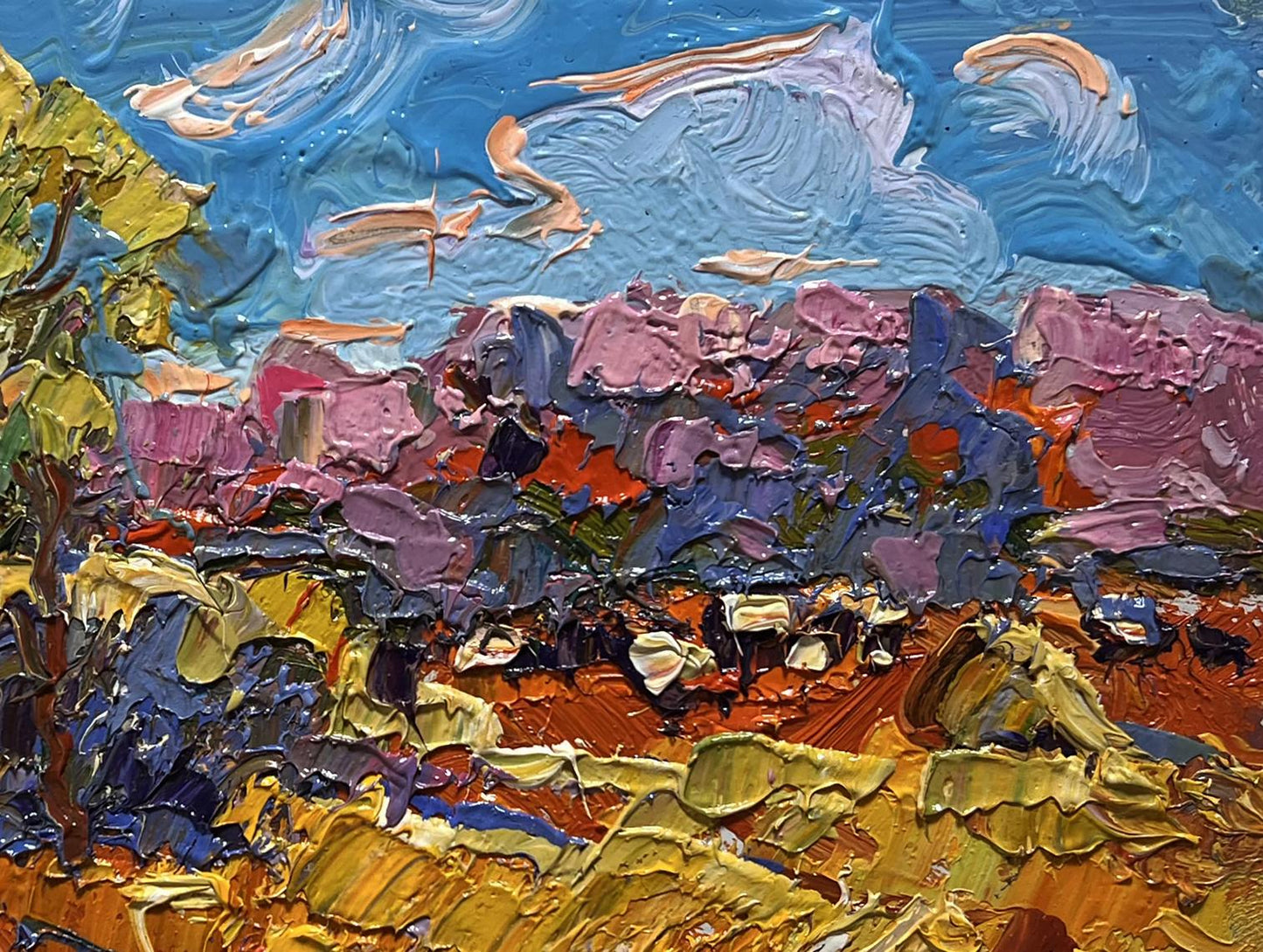 Vibrant impressionist oil painting of golden autumn field by Oksana Ivanyuk