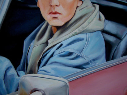 Oil painting of Eminem in blue jacket and gray hood driving red car by Yulia Lihina