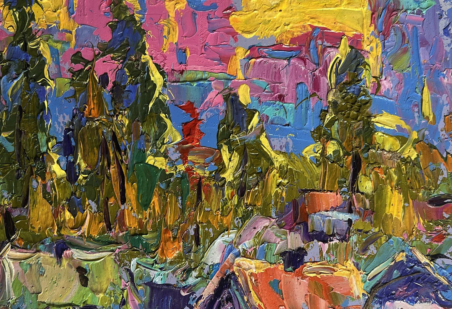 Vibrant impressionist oil painting Yellow rays of sunset by Oleksiy Ivanyuk