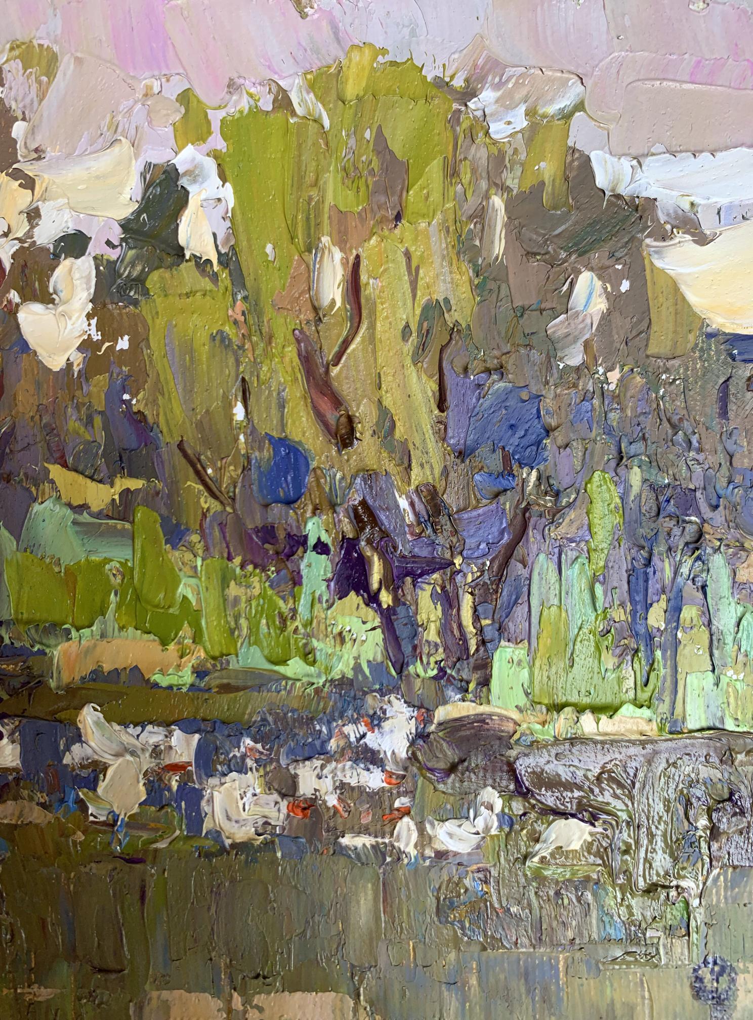 Impasto textured oil painting of geese in lake by Oksana Ivanyuk