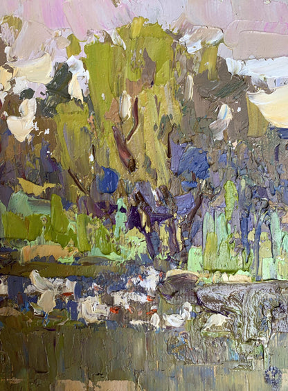 Impasto textured oil painting of geese in lake by Oksana Ivanyuk