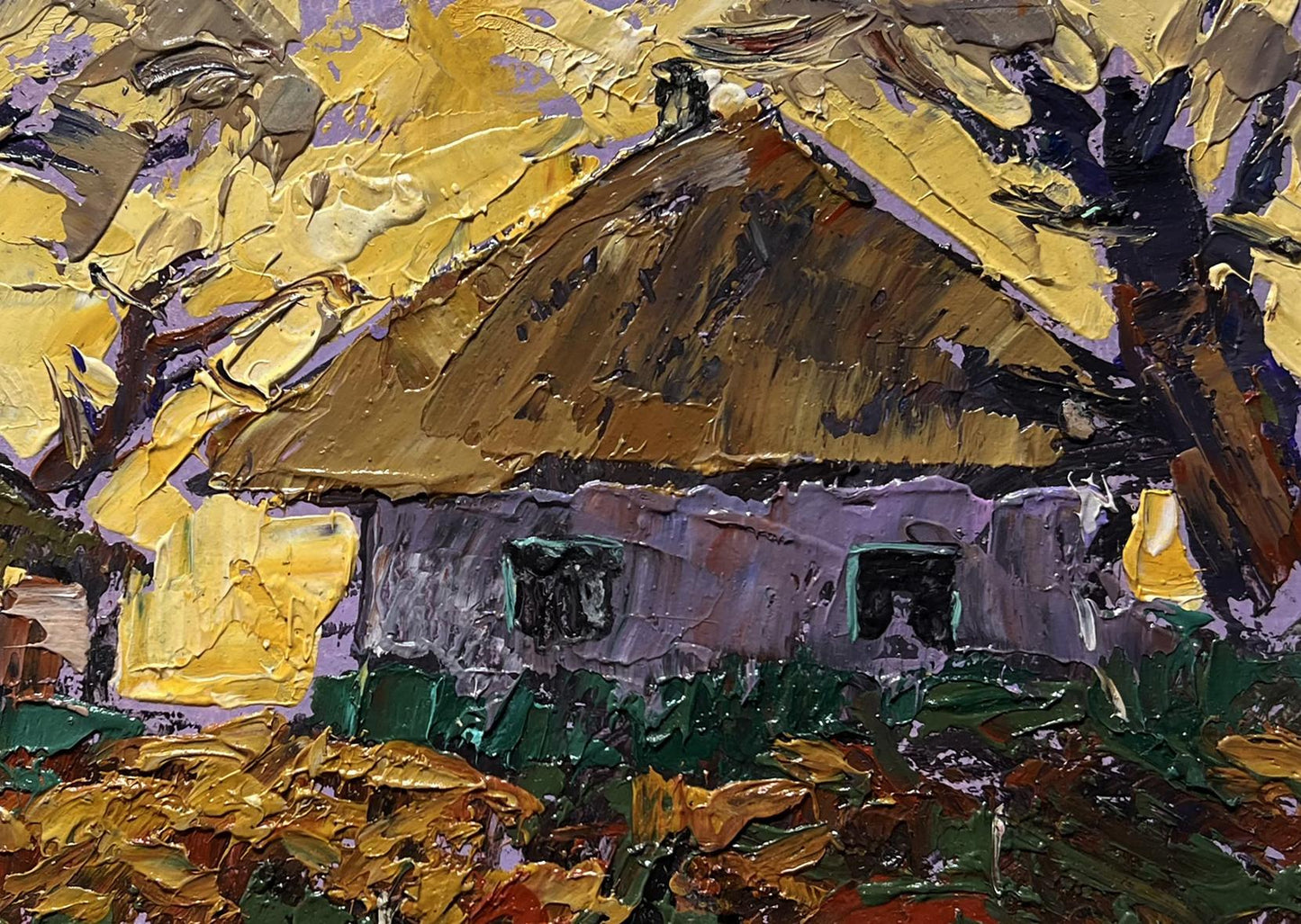 Oil painting by Oleksiy Ivanyuk: rustic house with thatched roof, purple walls, yellow sunset, autumn trees