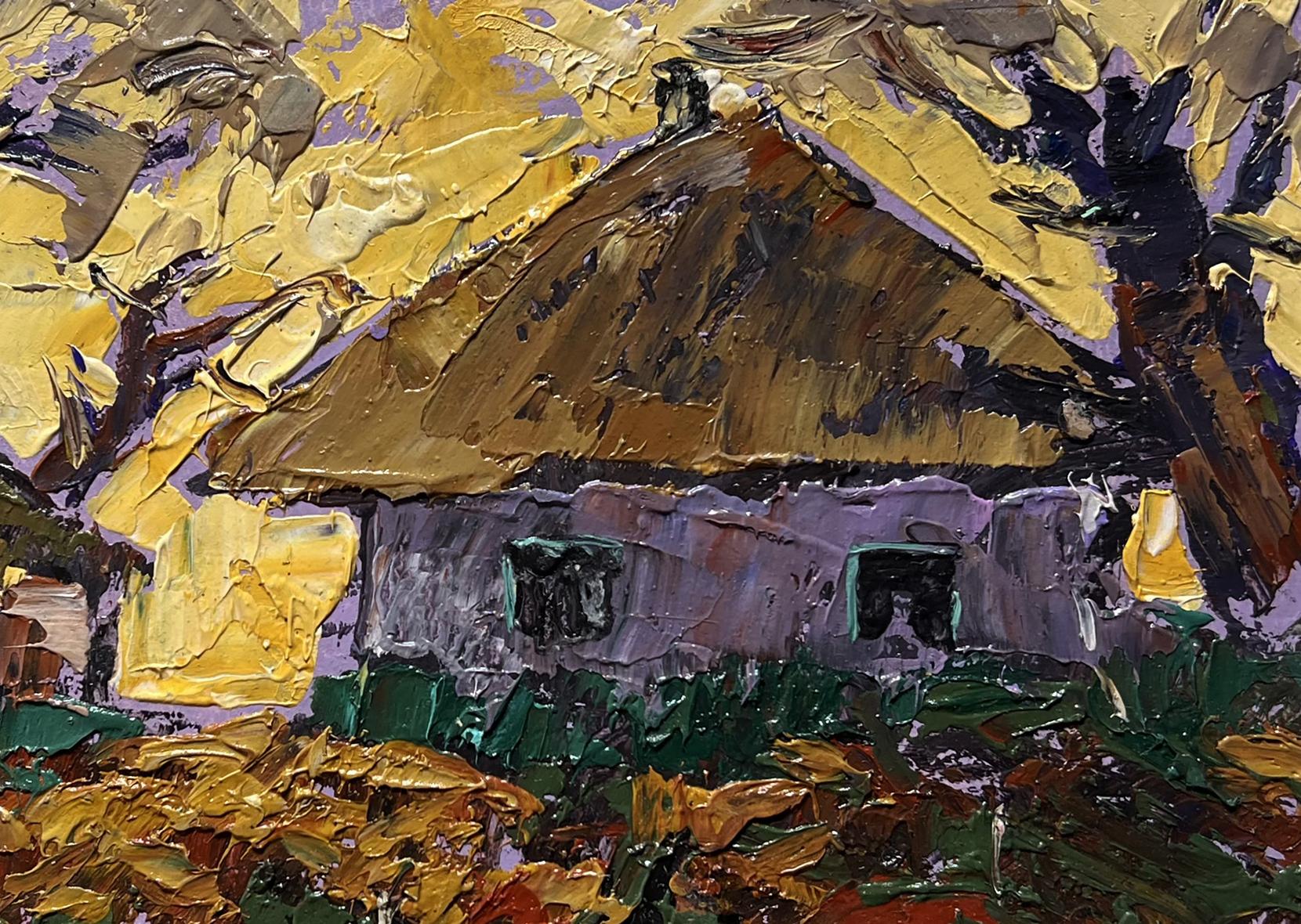 Oil painting by Oleksiy Ivanyuk: rustic house with thatched roof, purple walls, yellow sunset, autumn trees