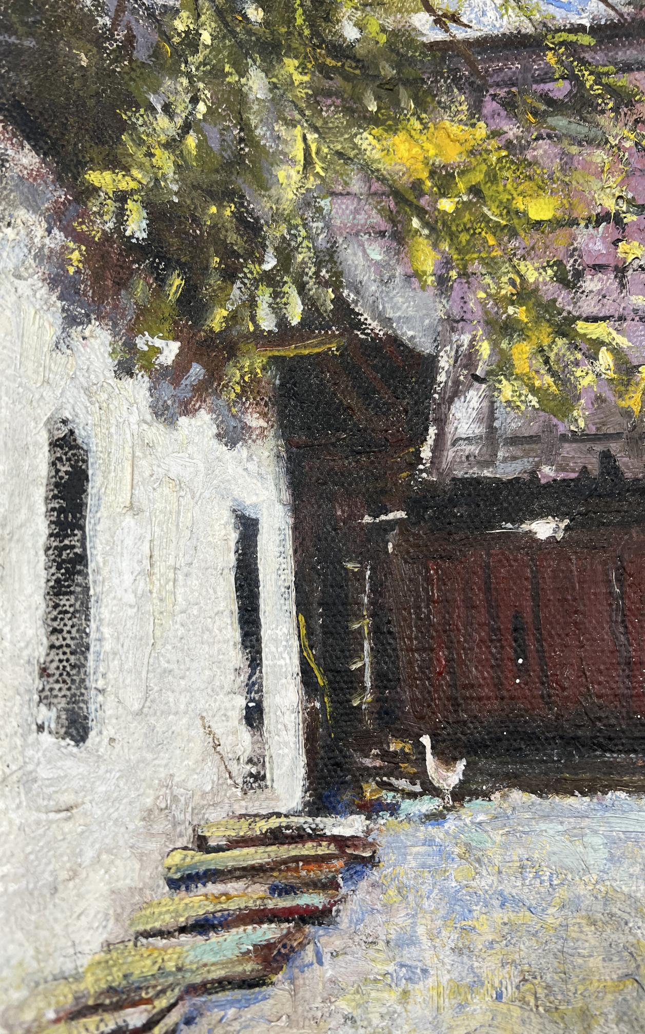 Oil painting The Silence of the Village Yard by Fedor Konev: white chicken on sunlit stone path