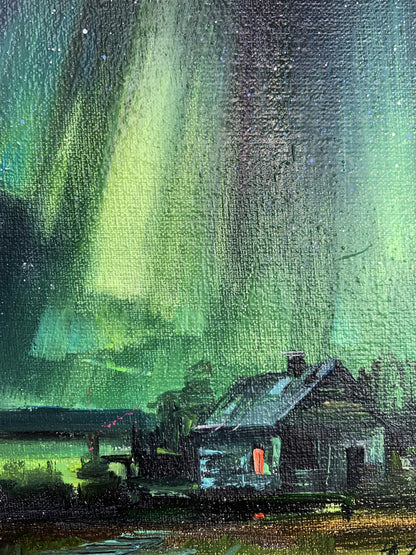 Oil painting Northern lights Tatyana Derdey rustic house under green auroras