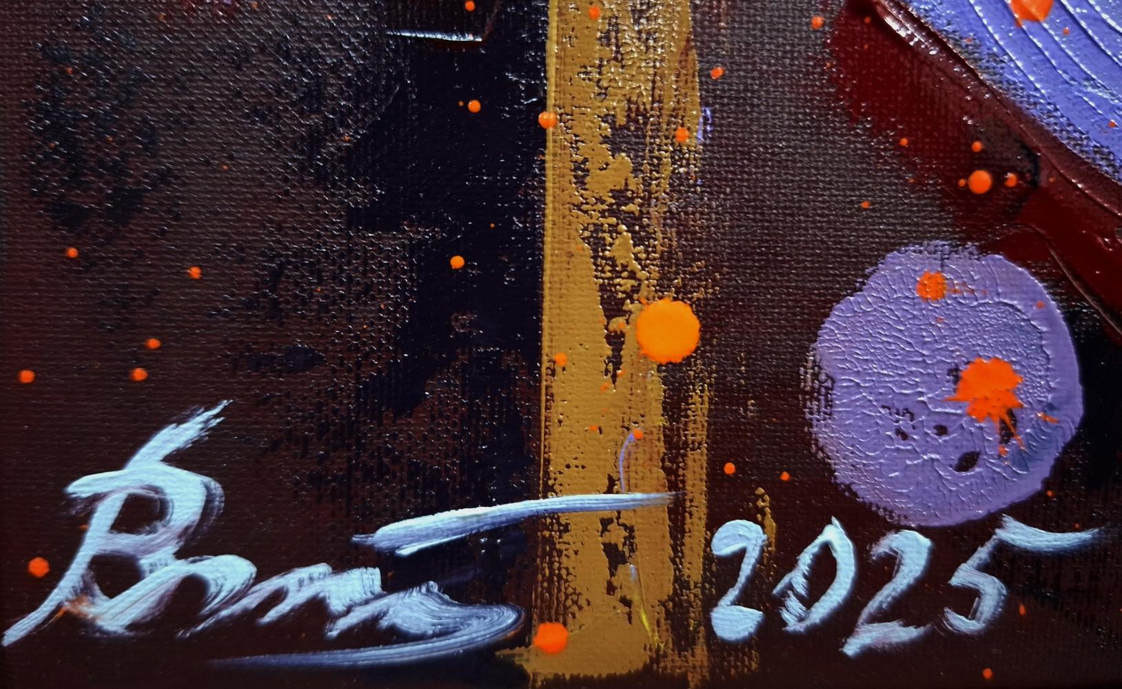 Oil painting Rocking horse by Sergiy Voichenko with black, gold, purple strokes, orange splatters