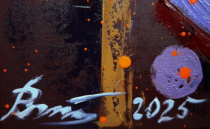 Oil painting Rocking horse by Sergiy Voichenko with black, gold, purple strokes, orange splatters