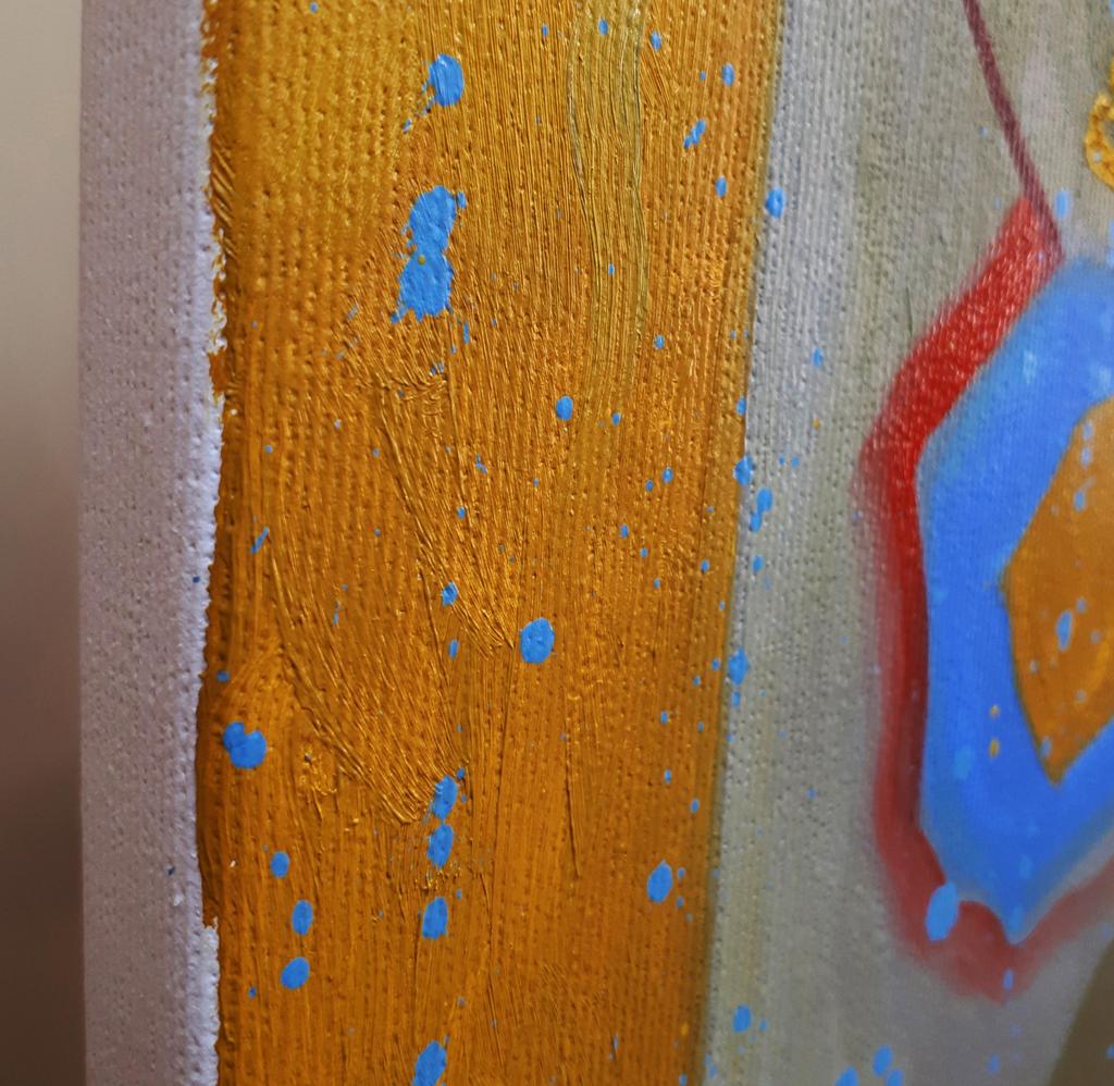 Oil painting South side bird by Sergiy Voichenko with orange strokes blue splatters