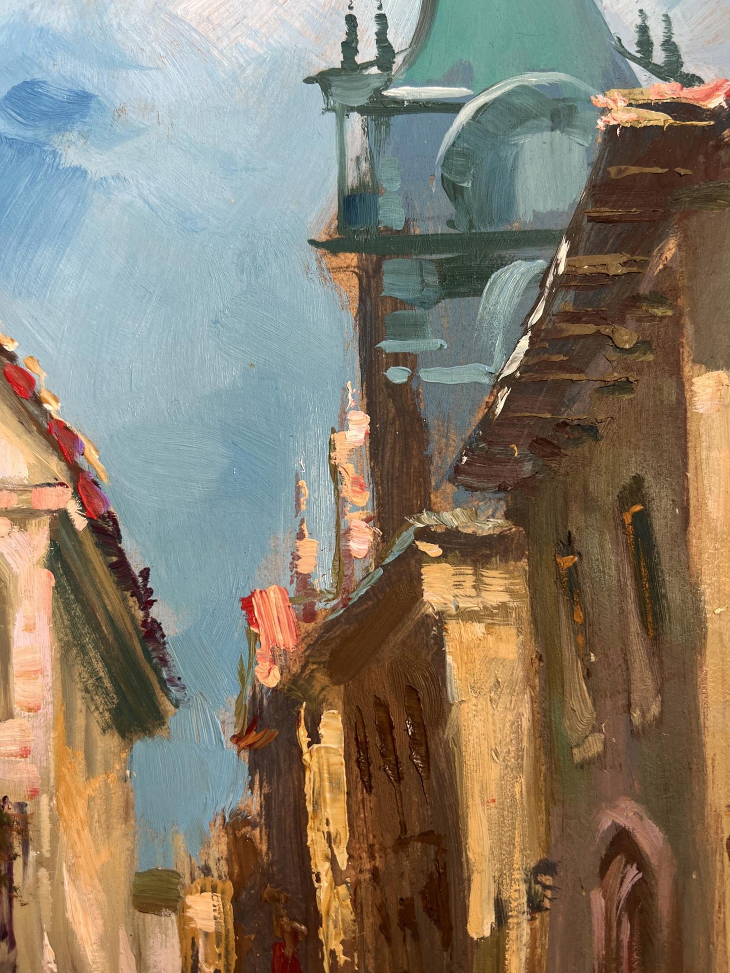 Oil painting by Yuriy Suprunchuk of people walking narrow street with teal dome
