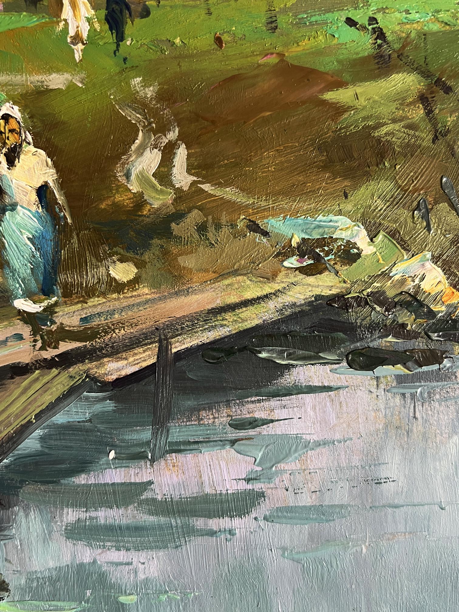 Impressionistic oil painting of village river with boats by Yuriy Suprunchuk