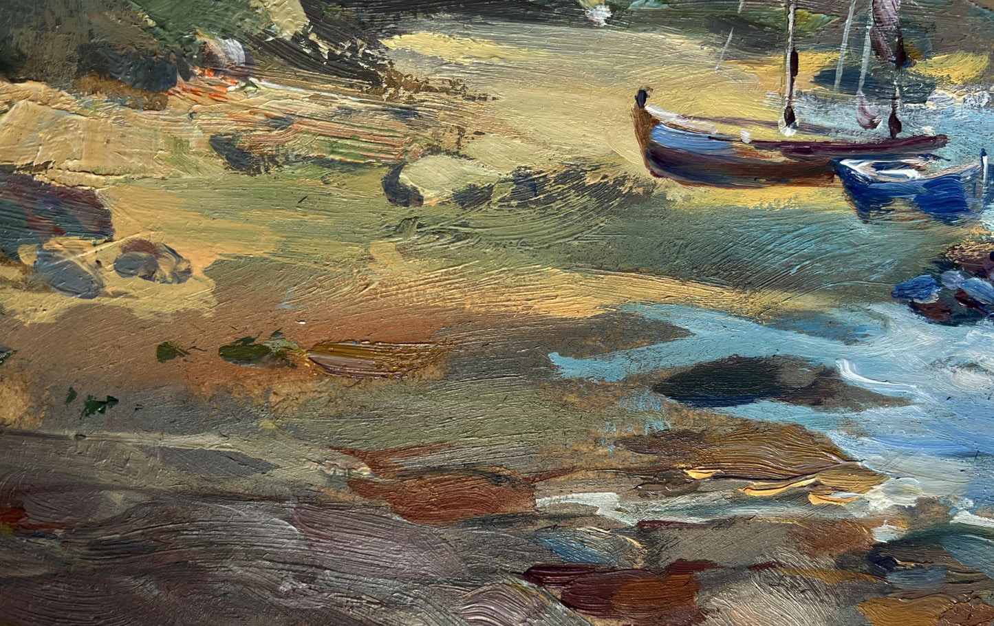 Oil painting Sunny day at sea by Yuriy Suprunchuk: blue and brown boats on shore