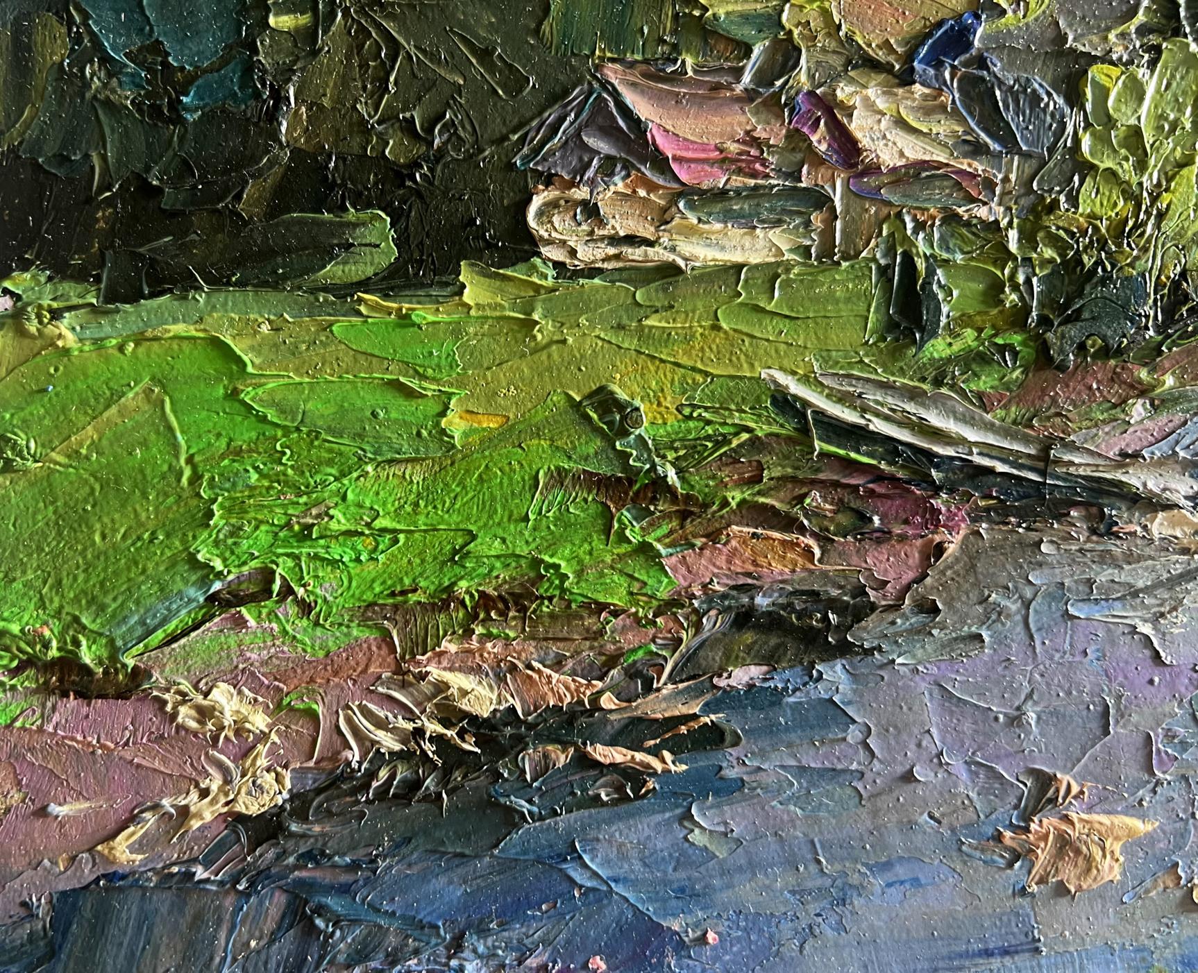 Oil painting Houses in the mountains by Boris Serdyuk, vibrant green impasto