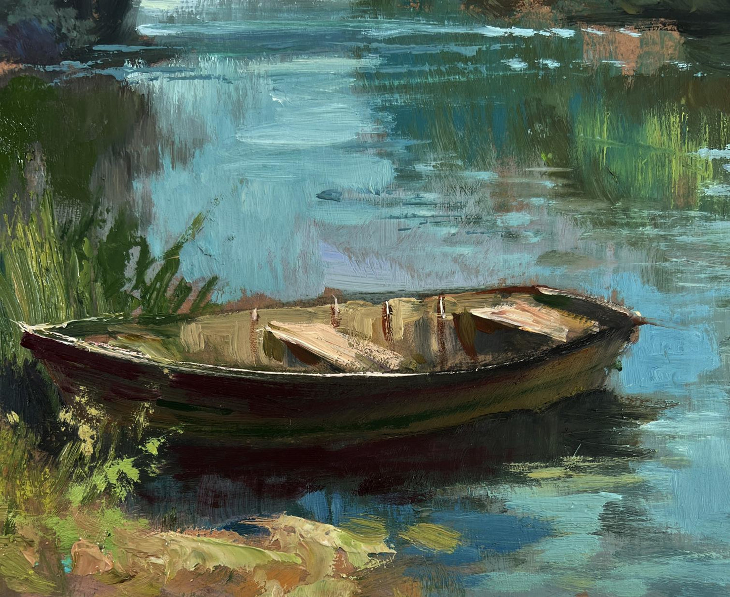 Oil painting of weathered rowboat on Yuriy Suprunchuk river