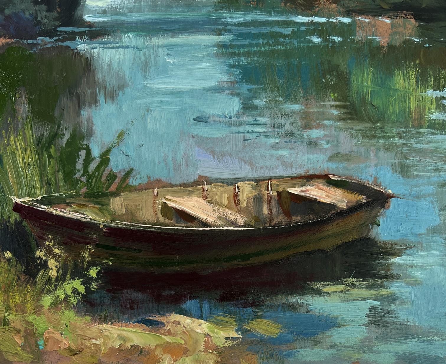 Oil painting of weathered rowboat on Yuriy Suprunchuk river