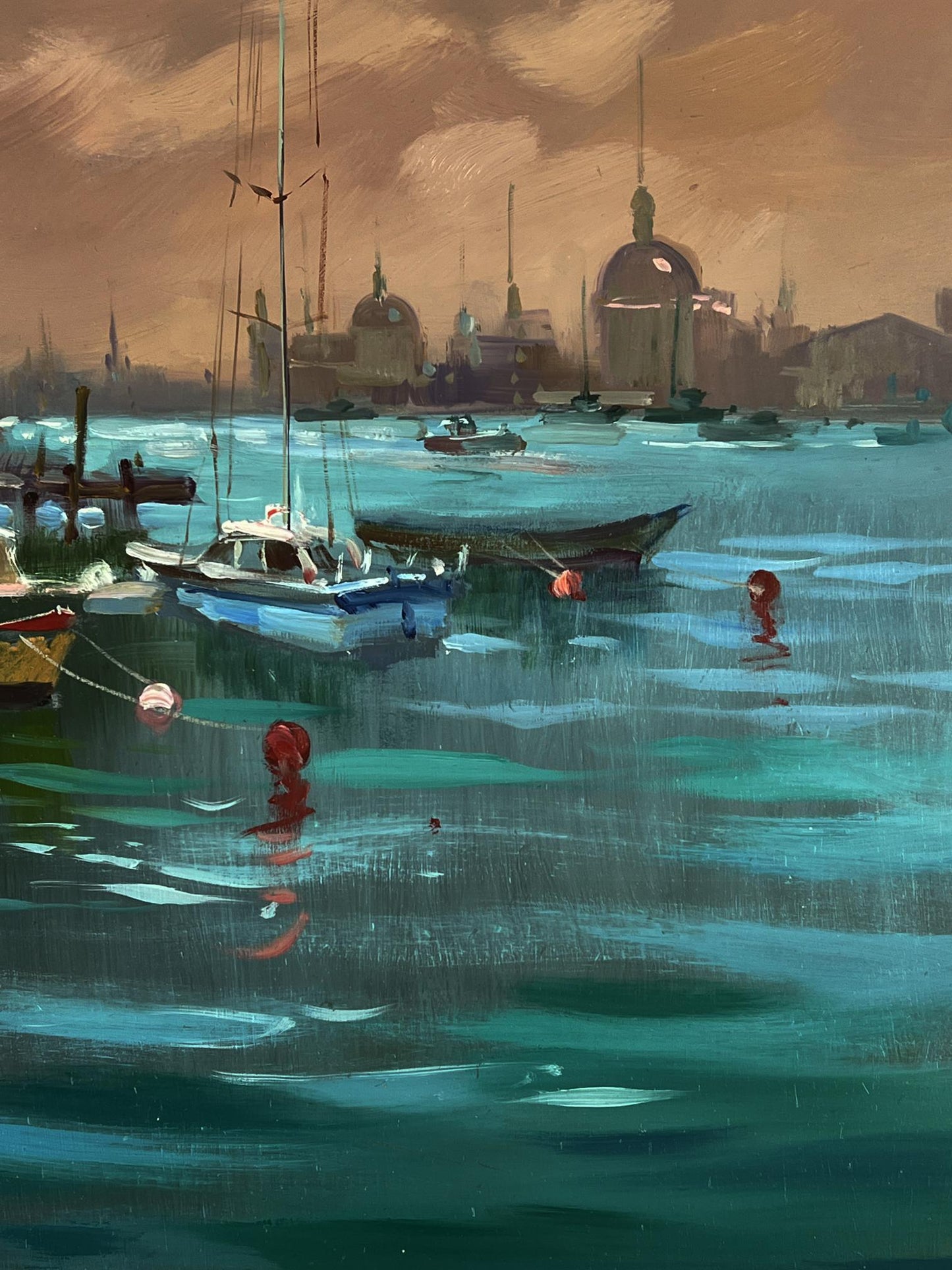 Oil painting Sunset at the city pier by Yuriy Suprunchuk serene harbor scene