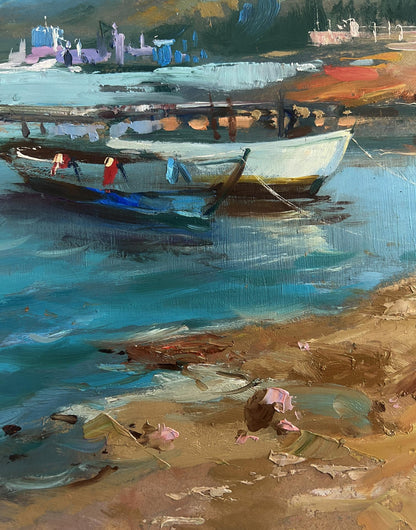 Oil painting Hidden corner by the sea by Yuriy Suprunchuk: rowboat in turquoise water