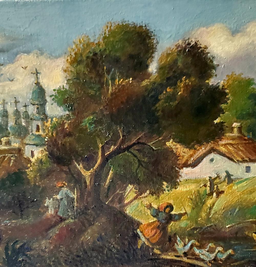 Oil painting Before the Storm by Daniil Litvinov: rustic village scene