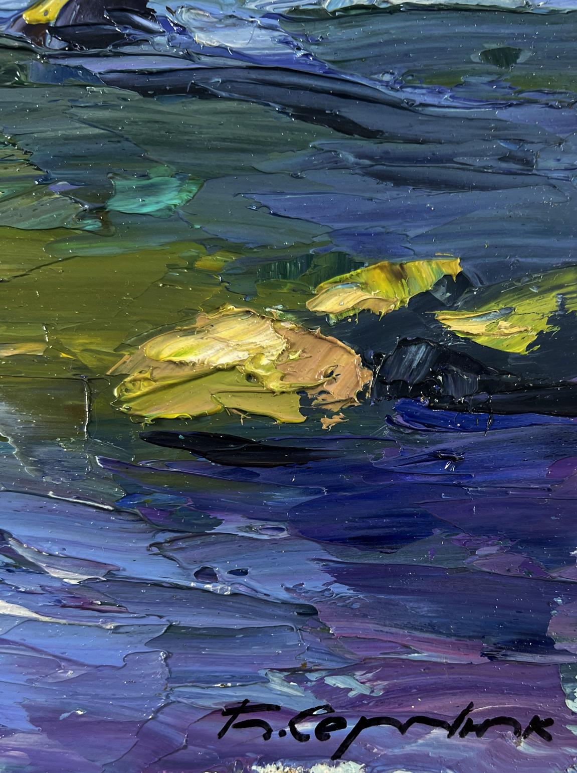 Oil painting of crystal water lily pads among rocky giants by Boris Serdyuk