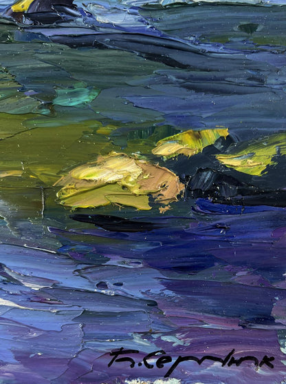 Oil painting of crystal water lily pads among rocky giants by Boris Serdyuk